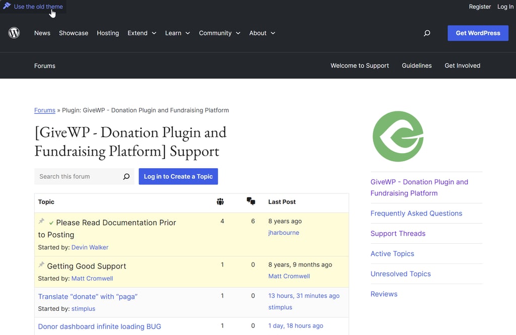 The new WP.org Forum design, with a toggle in the top-left that says "Use the old theme".