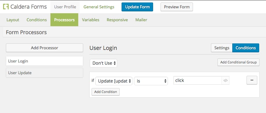 Setting the conditional "Processors" to only process when a particular button is clicked.