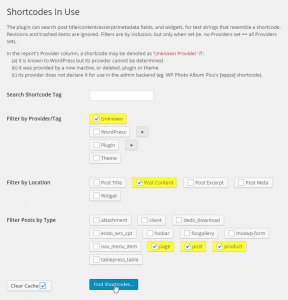 A screenshot of the "Shortcodes in Use" search settings screen showing all the options available.