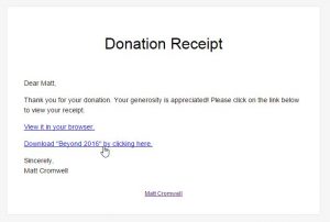 This shows the attachment link appearing directly in the donation email receipt