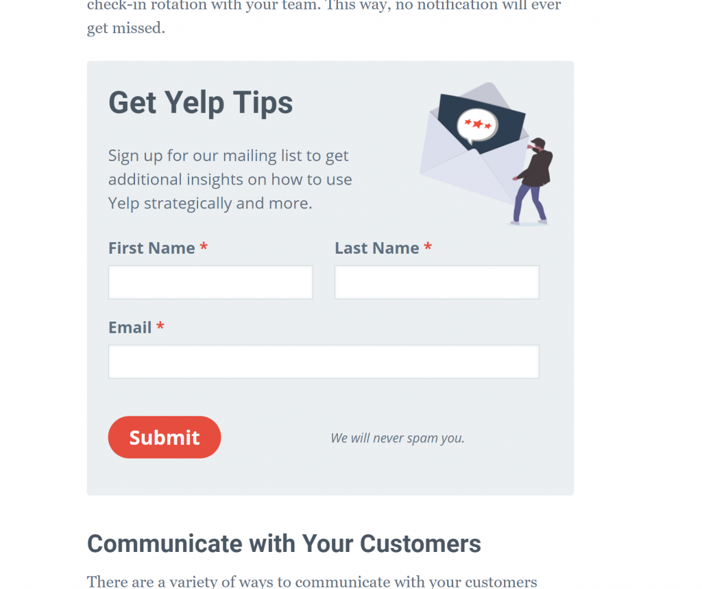 This optin says "Get Yelp Tips: Sign up for our mailing list to get additional insights on how to use Yelp strategically and more."