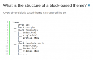 The block-based theme documentation shows the conceptual heirarchy of block-based themes. They would have two new sub-folders: "block-templates" and "block-template-parts".