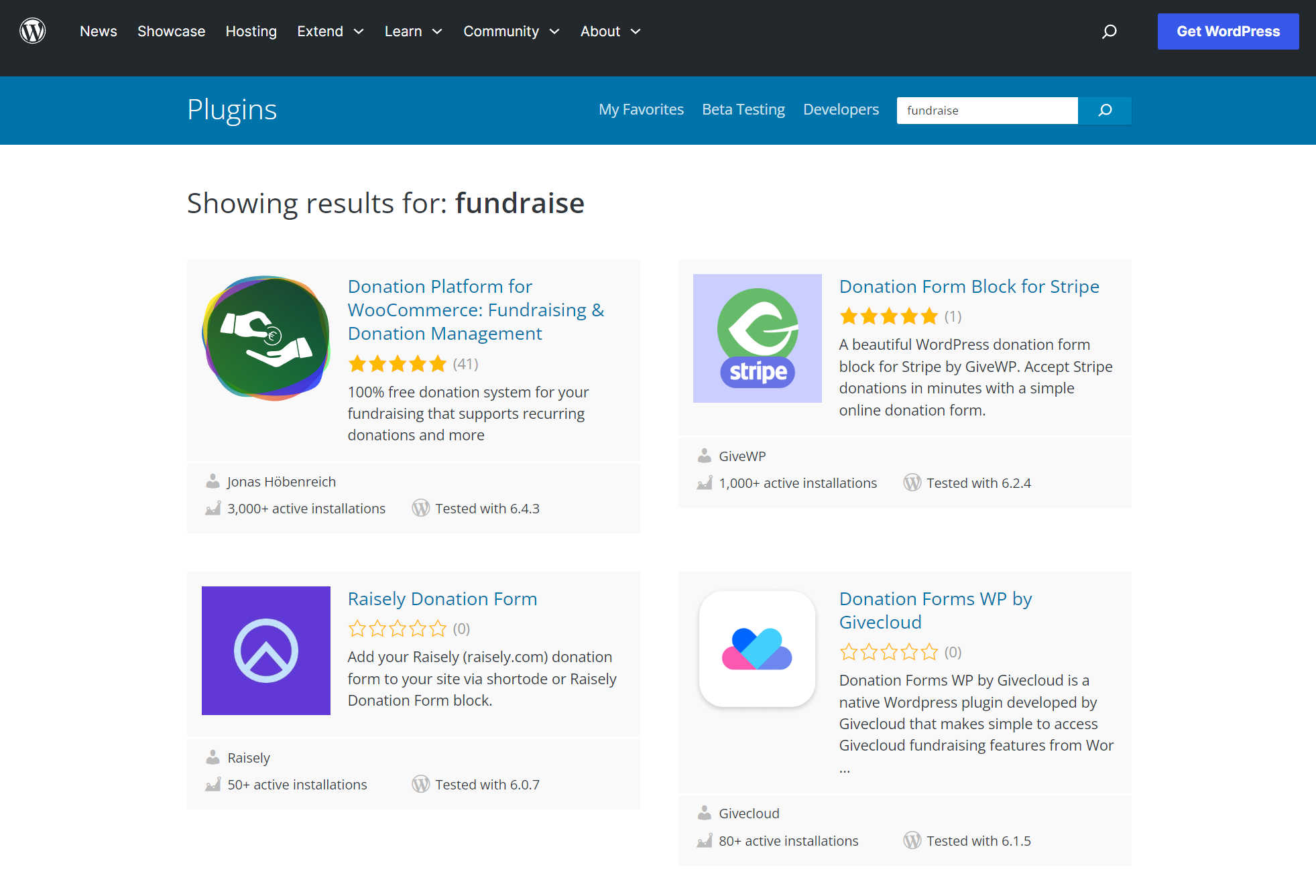 A screenshot of a WordPress plugins search result page showing various fundraising-related plugins with user ratings, installation counts, and compatibility information.