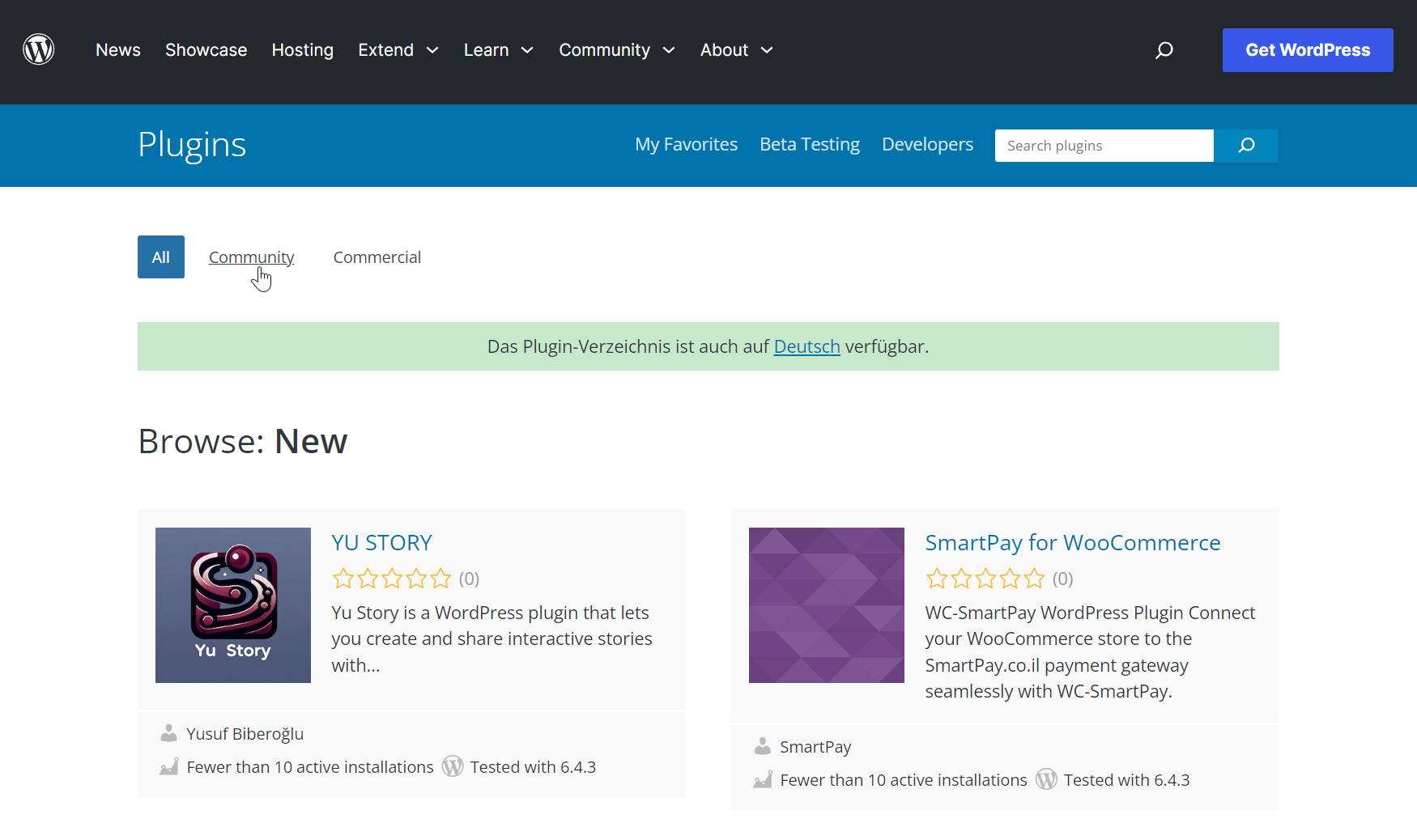 Screenshot of the WordPress plugin directory page featuring two plugins, "YU STORY" and "SmartPay for WooCommerce", with plugin descriptions, ratings, and installation counts.
