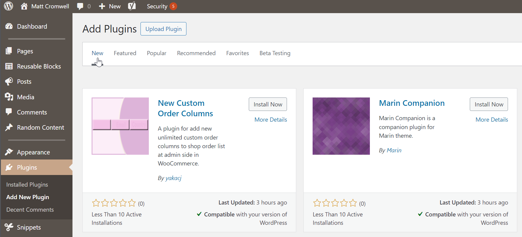 A screenshot of the WordPress dashboard 'Add Plugins' page with options to filter by 'New,' 'Featured,' 'Popular,' 'Recommended,' 'Favorites,' and 'Beta Testing.' The screen displays two plugin options: "New Custom Order Columns" and "Marin Companion" with their respective details, ratings, and the 'Install Now' button visible.
