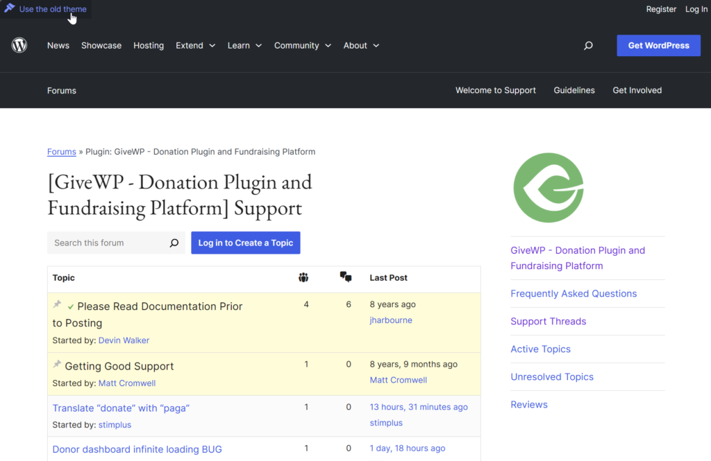 The new WP.org Forum design, with a toggle in the top-left that says "Use the old theme". 