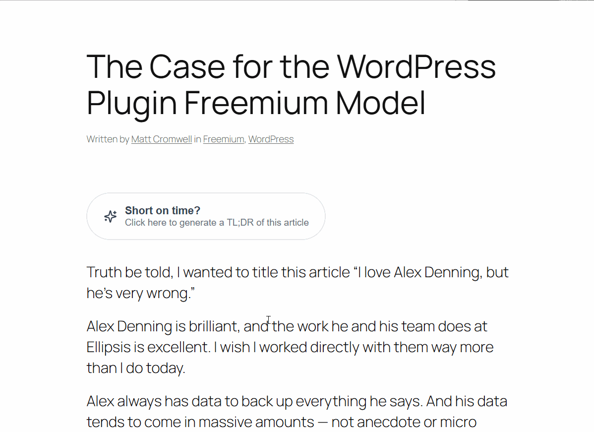 Animation of TLDRWP in action. It shows a "Generate TLDR" button at the top of an article, below the heading "The Case for the Freemium Plugin Model in WordPress". When clicked, it outputs a bunch of Key insights. Then there's social share buttons at the bottom.
